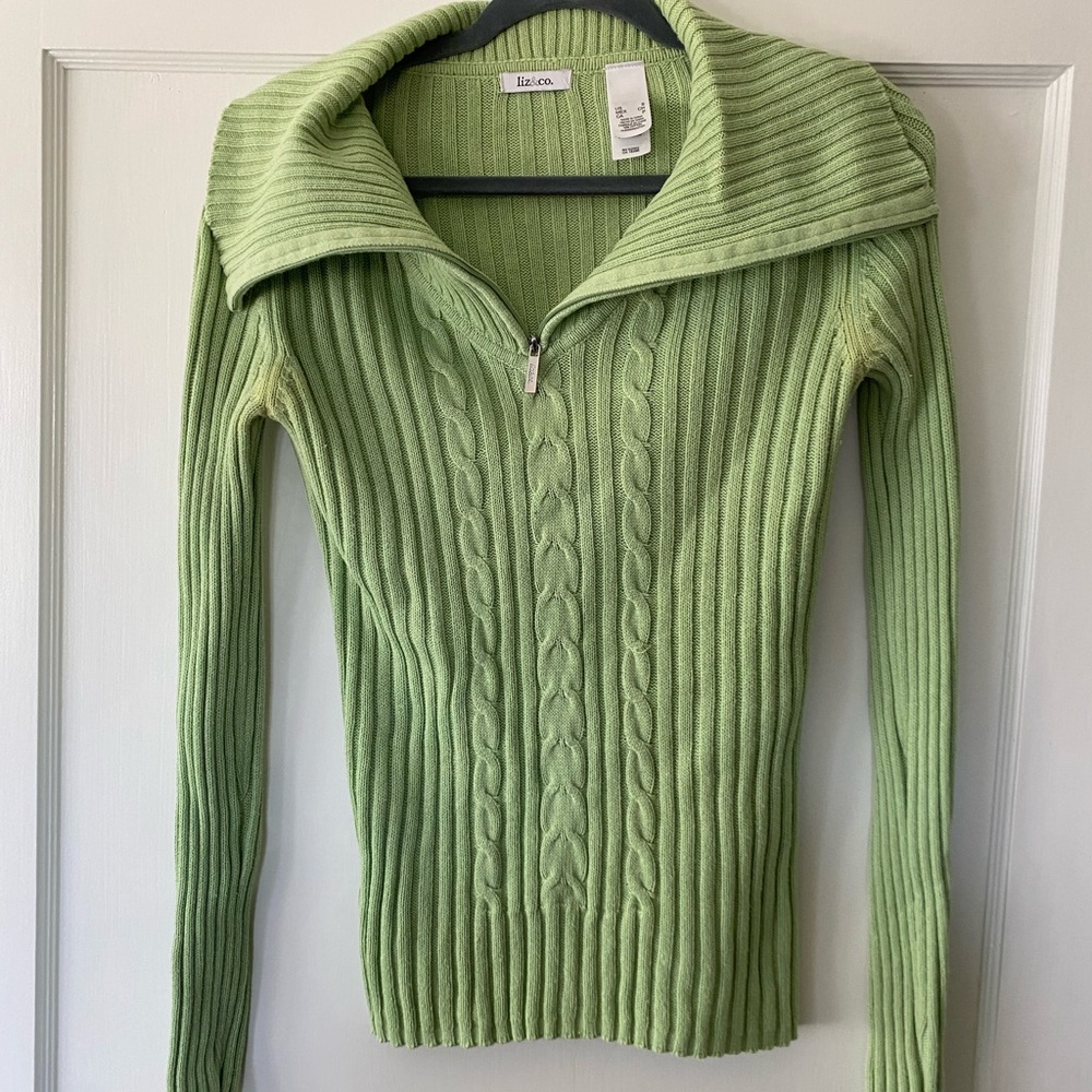 liz & co. Light Green Ribbed Cable-Knit Zip Turtleneck Sweater